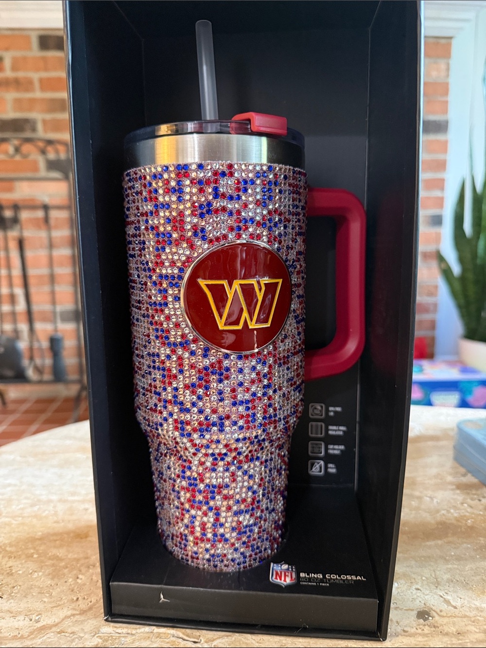 NFL Red, Blue and Silver Rhinestone Travel Tumbler with Commanders Logo